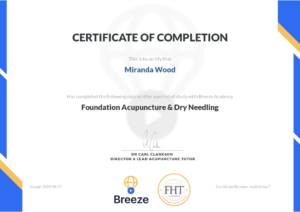 certificate for foundation acupuncture and dry needling - Miranda Wood 