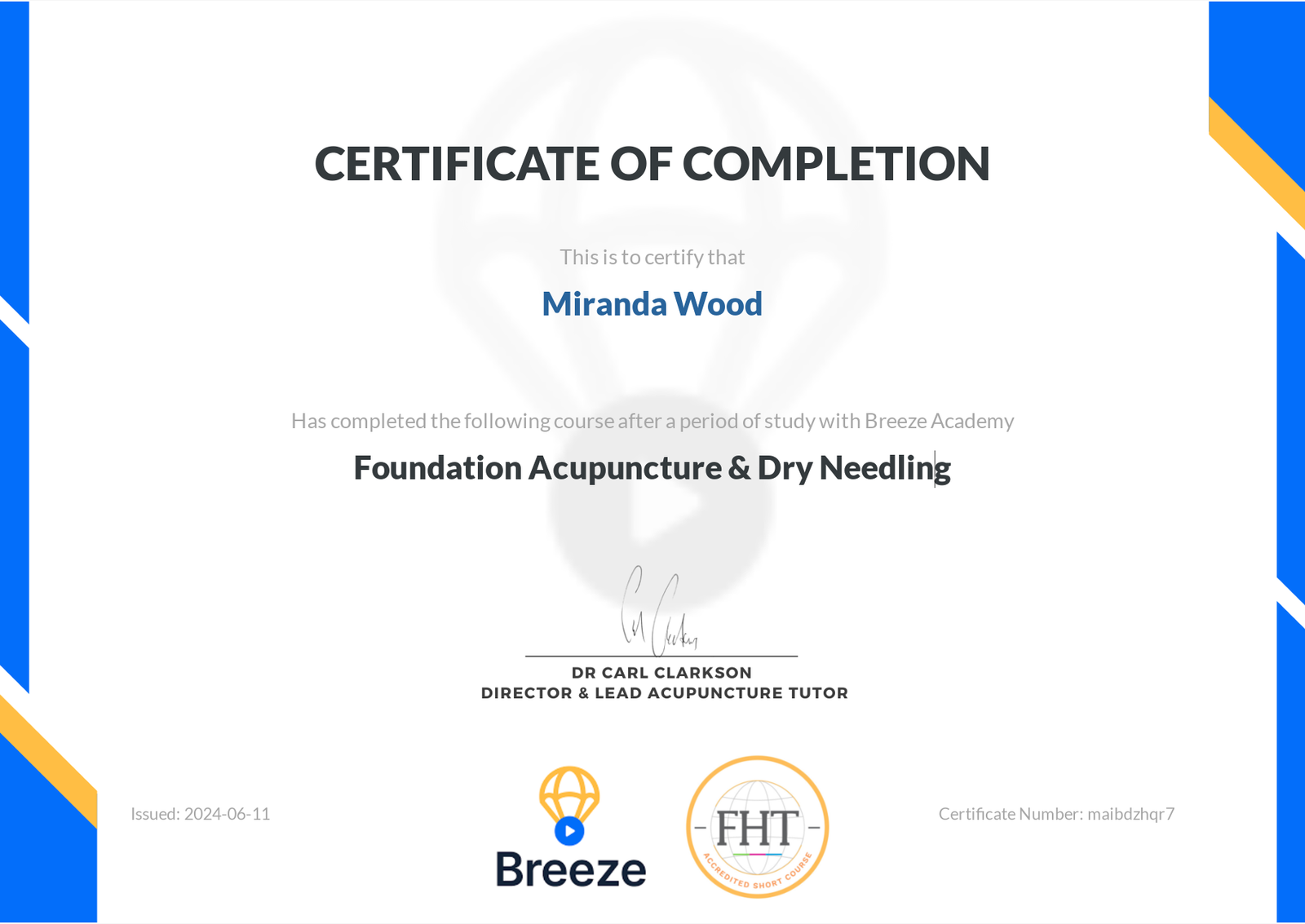 certificate for foundation acupuncture and dry needling - Miranda Wood 