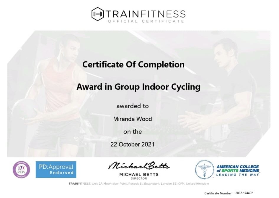 certificate for group indoor cycling - Miranda Wood 