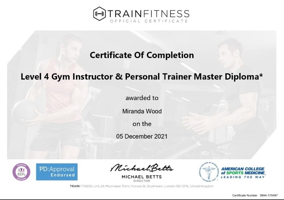 Mater diploma certificate for level 4 gym instructor and personal trainer - Miranda Wood 